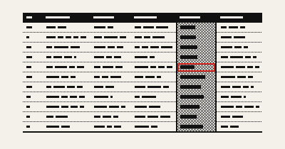 Dithered 1-bit ledger of ruled rows illustration for the golden datasets guide