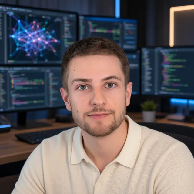 Martin Cousseau at his desk, in front of three monitors showing code